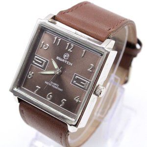 Ewatch Mens Watch Silver Tone Stainless Steel Classic Brown Leather Band